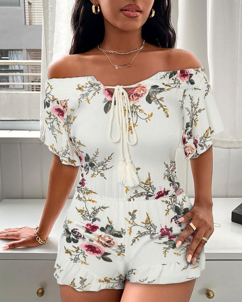 

Floral Print Short Sleeve Loose Rompers, White