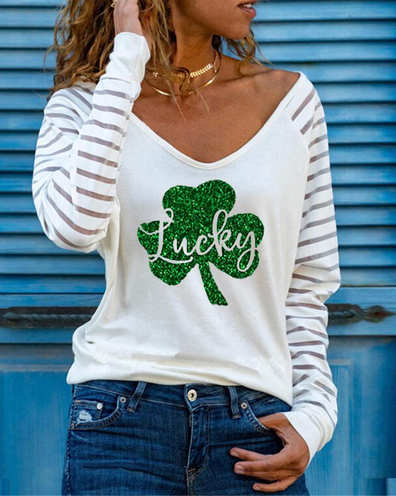 

St. Patrick' Day Lucky Shamrock Print Contrast Mesh Long Sleeve Top, White