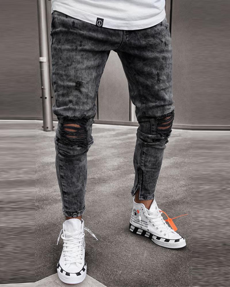

Solid Color Skinny Ripped Jean Pants, Black