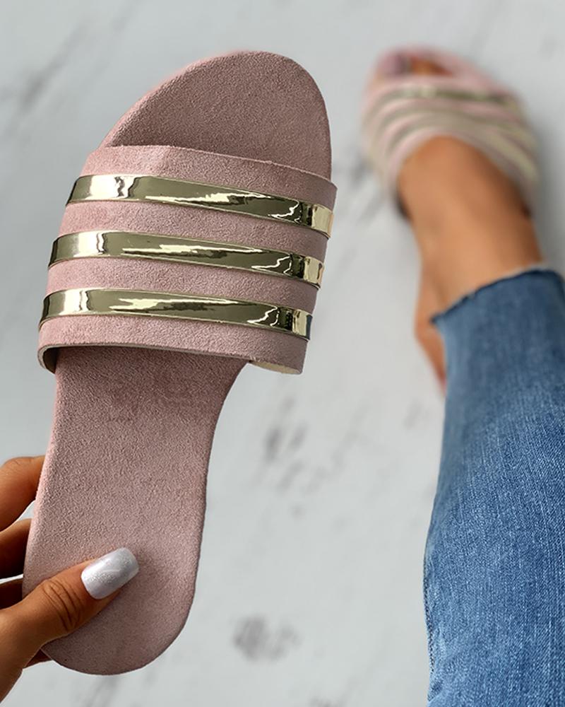 

Colorblock Open Toe Reflective Detail Flat Sandals, Pink