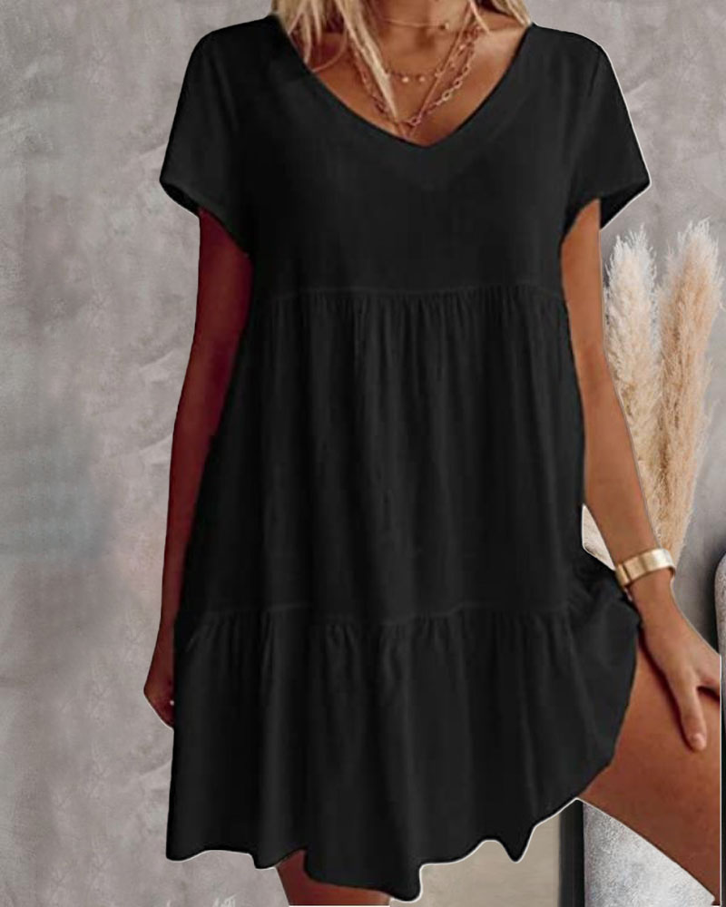 

Short Sleeve V-Neck Casual Dress, Black