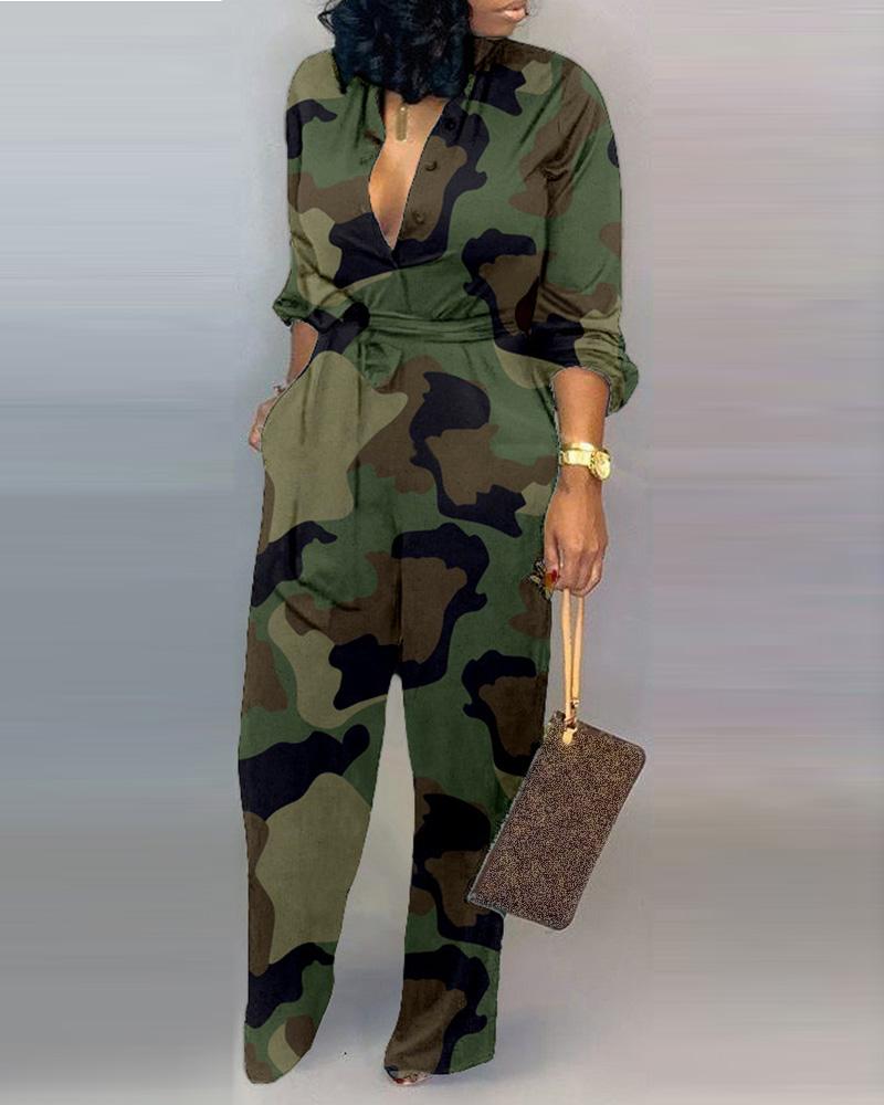 

V Neck Camouflage Print Buttoned Jumpsuit, Army green