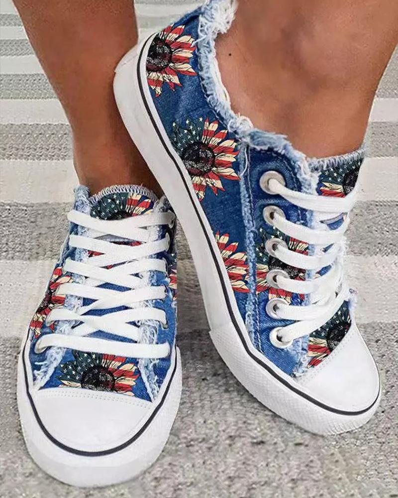 

Independence Day Sunflower Flag Frayed Canvas Sneakers, Blue