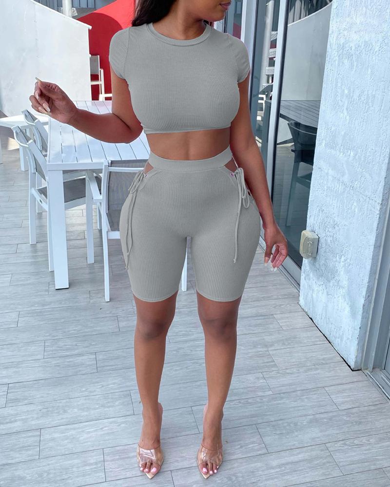 

Crop Top & Eyelet Lace-up Cutout Shorts Set, Gray