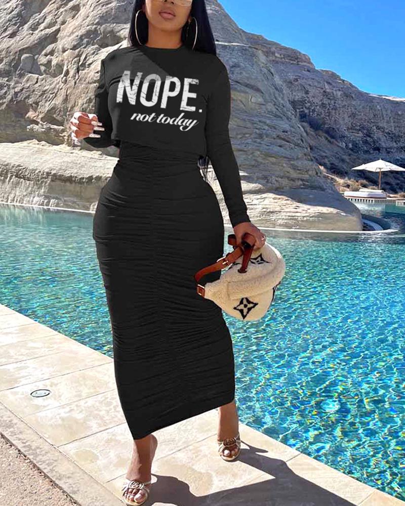 

Letter Print Long Sleeve Top & Maxi Ruched Dress Set, Black