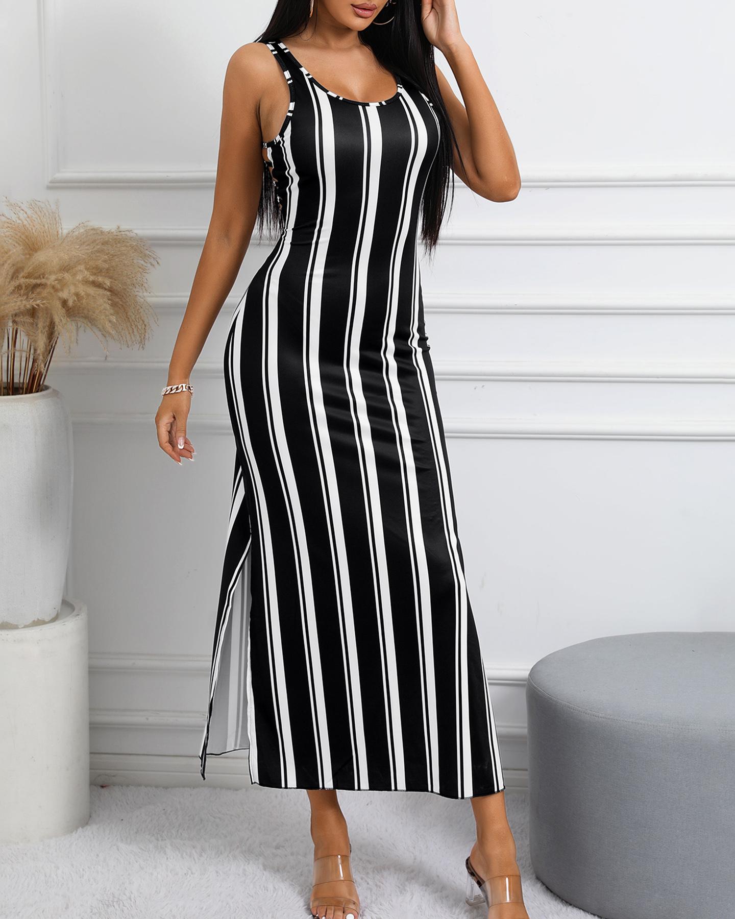 

Striped Sleeveless Cut-out Split Dress, Black