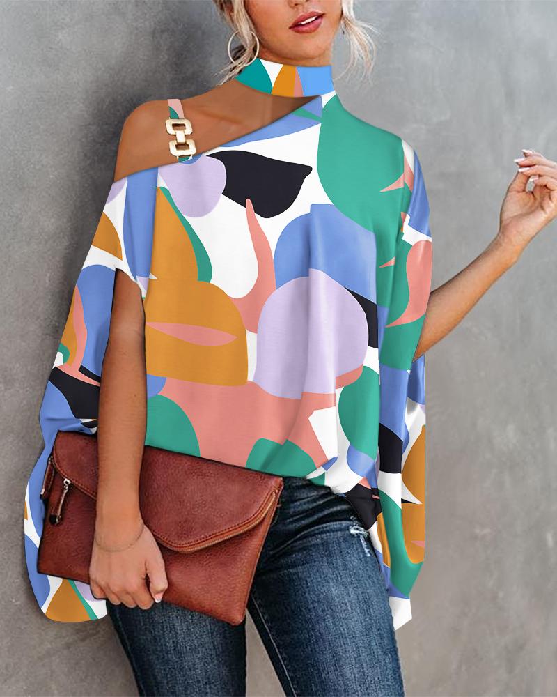 

Colorblock Geo Print Chain Strap Cold Shoulder Top, Multicolor