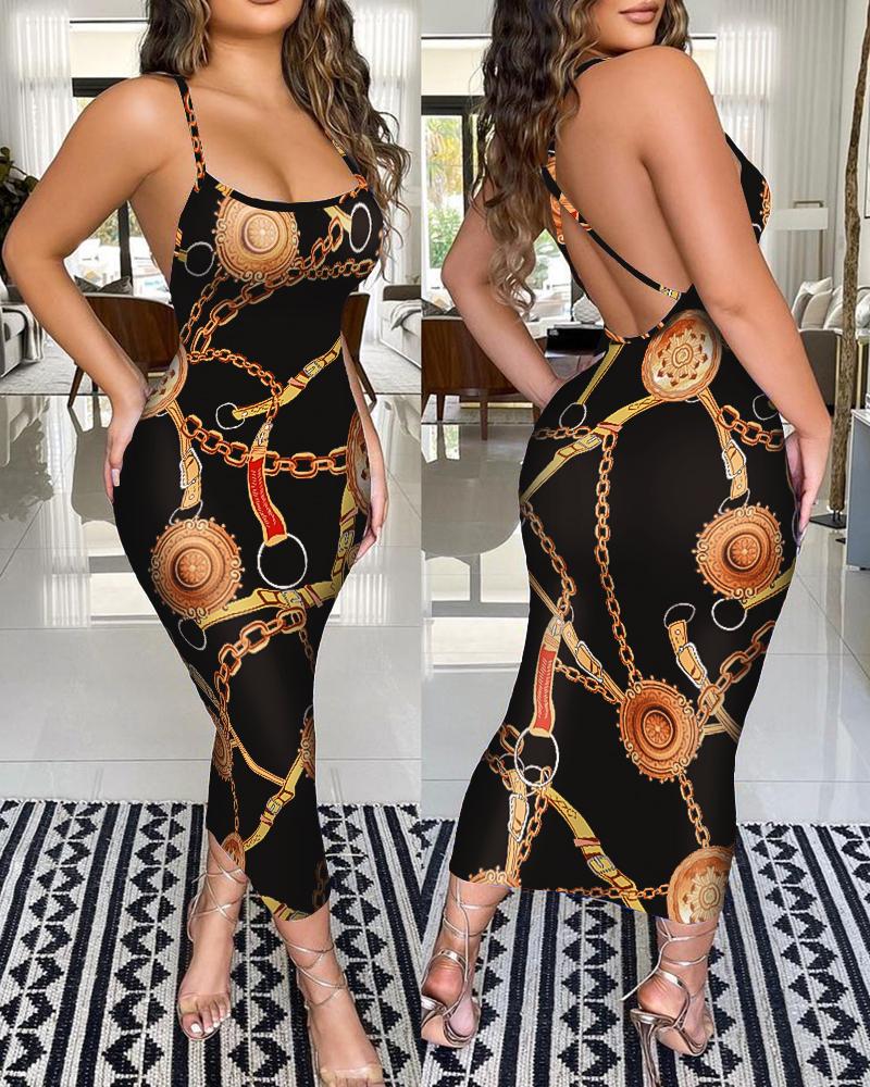 

Chain Print Criss Cross Backless Bodycon Dress, Black