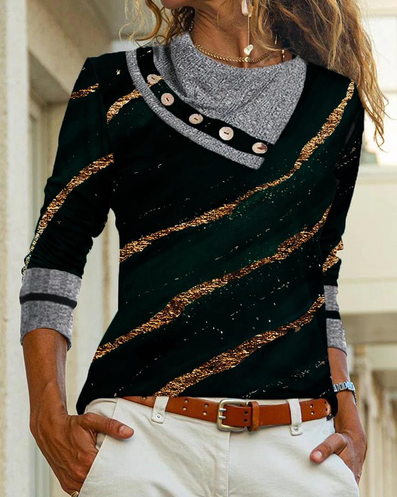 

Marble Print Button Decor Long Sleeve Top, Black