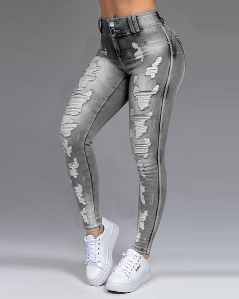 single button high waist jeans