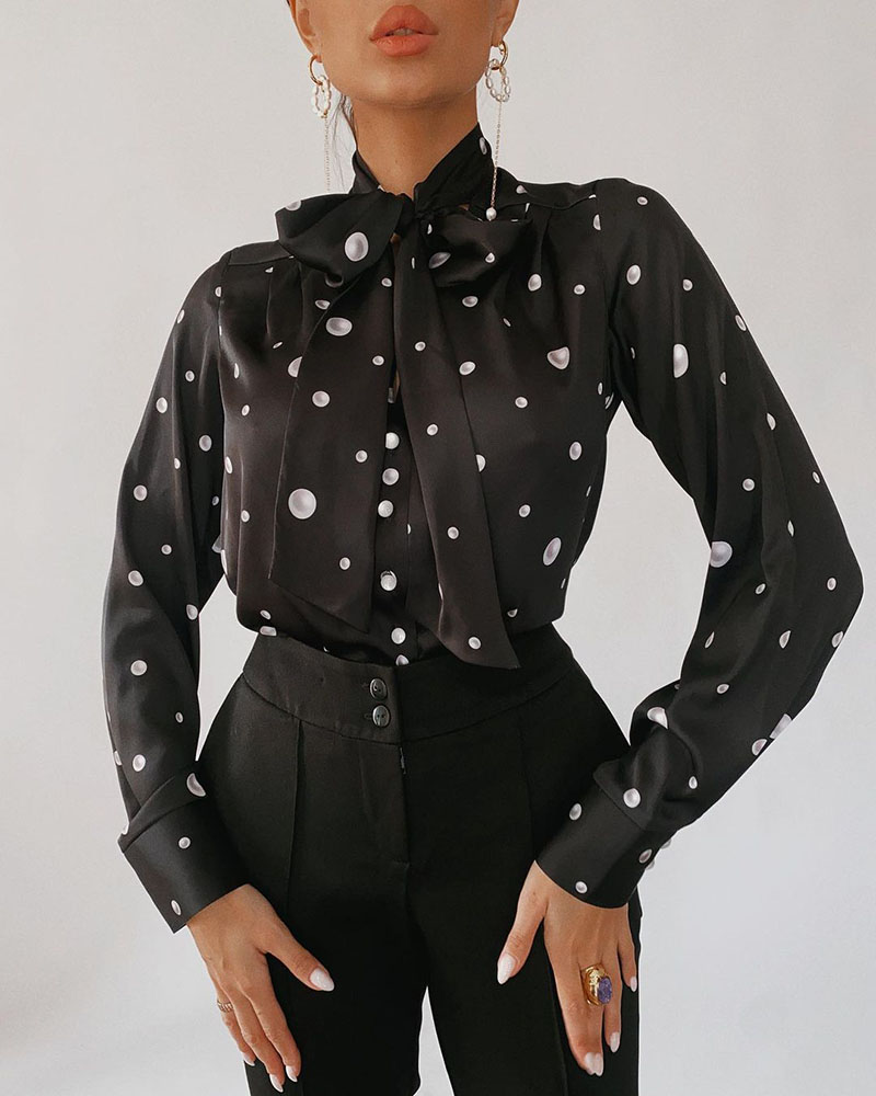 

Polka Dot Print Tied Detail Long Sleeve Buttoned Top, Black