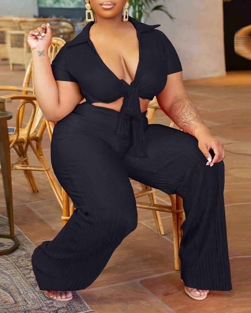 

Knotted Turn Down Collar Textured Top & Pants Set, Black