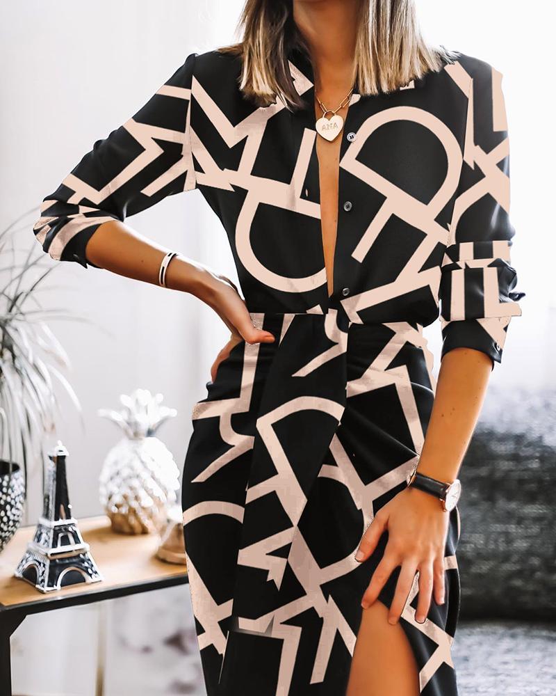 

Letter Print Buttoned Shirt & Twisted Slit Skirt Set, Black