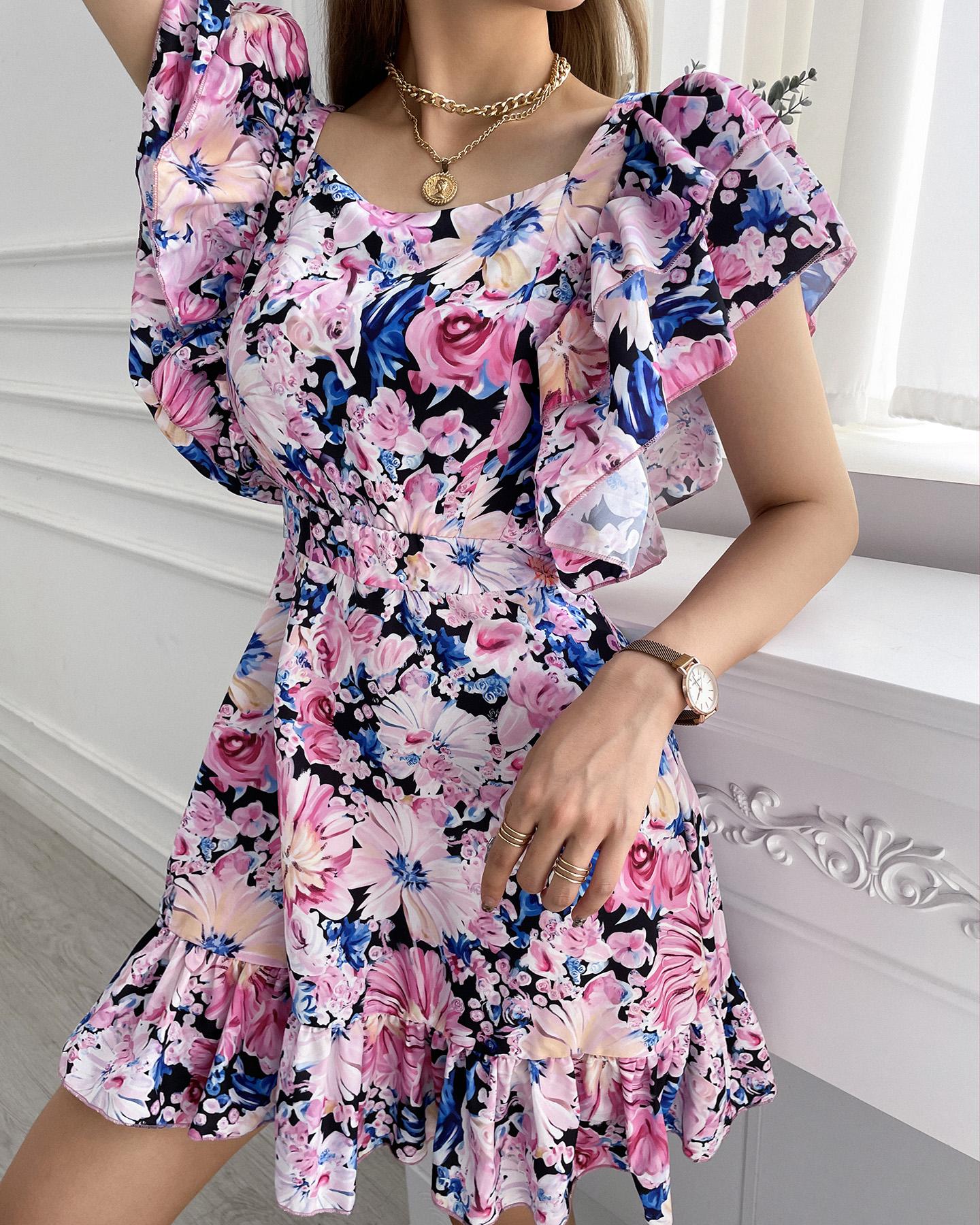 

Floral Print Tied Detail Backless Ruched Dress, Purplish blue