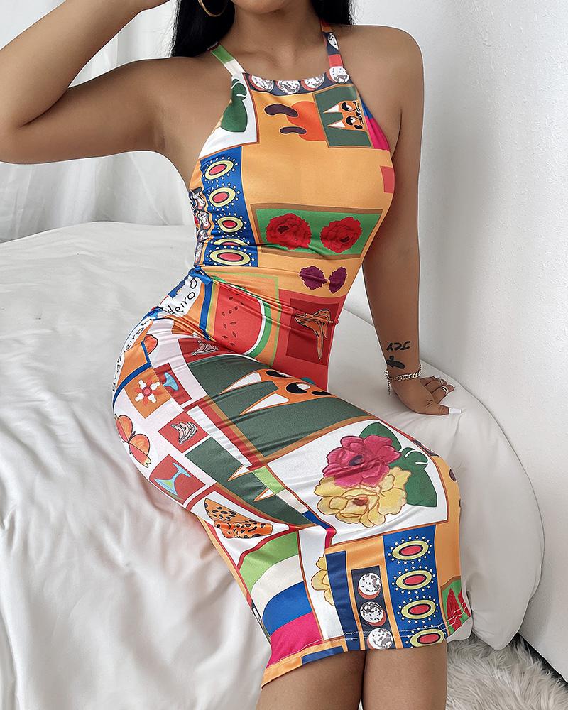 

Graphic Print Sleeveless Skinny Dress, Multicolor