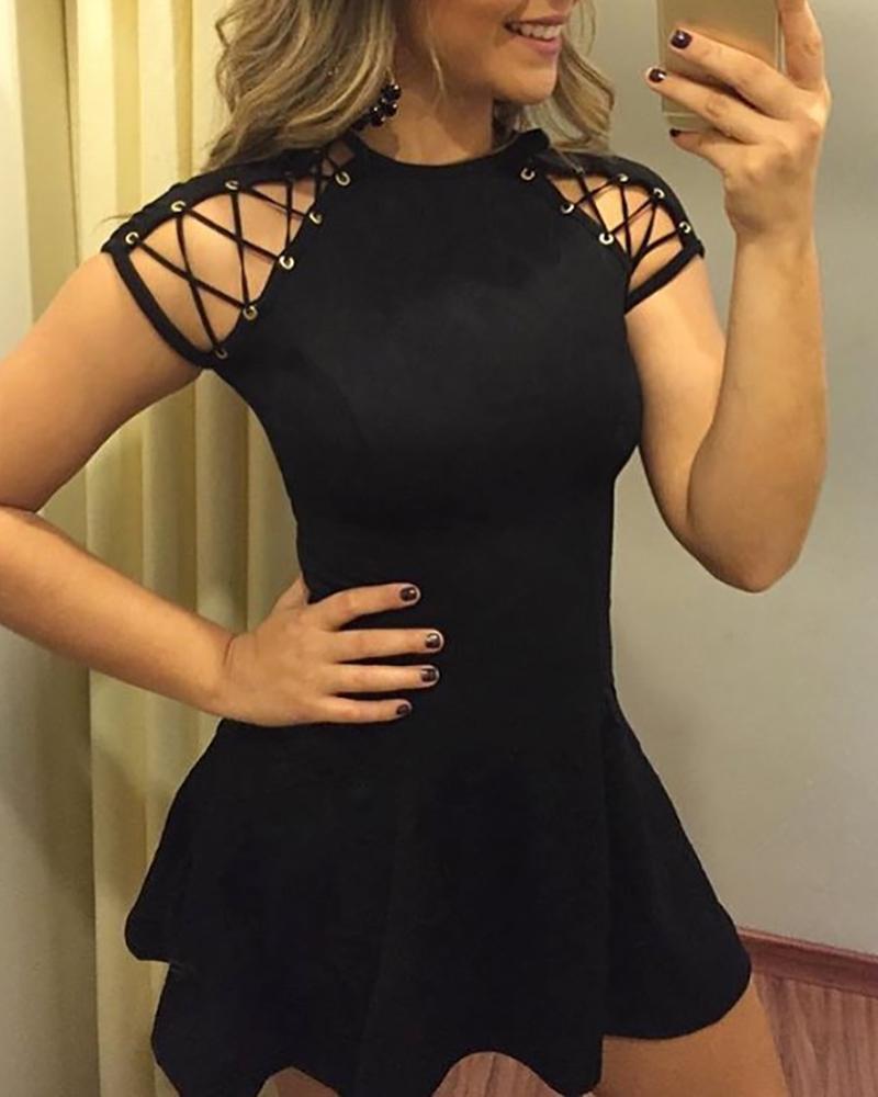 

Eyelet Lace-Up Detail Pleated Dress, Black