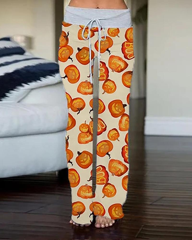 

Halloween Pumpkin Animal Print Drawstring Pants, Apricot