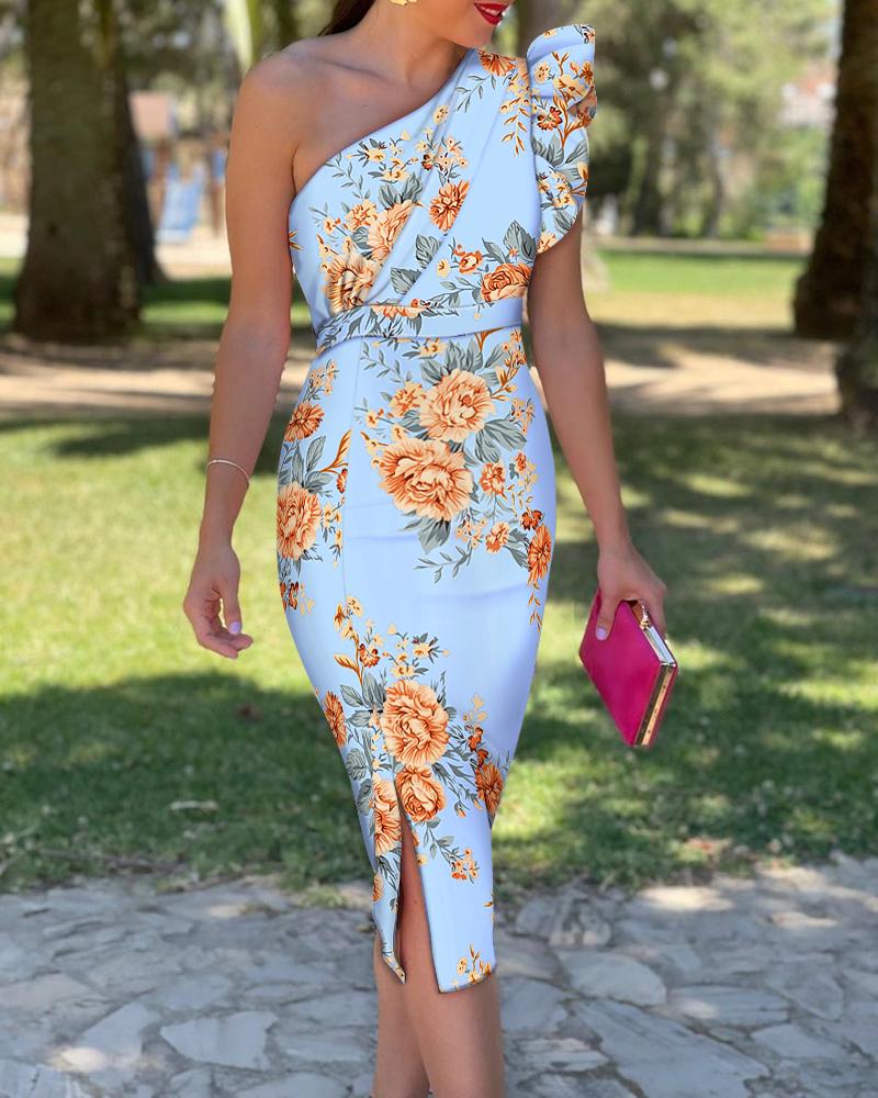 

Floral Print One Shoulder Ruffles Slit Dress, Blue