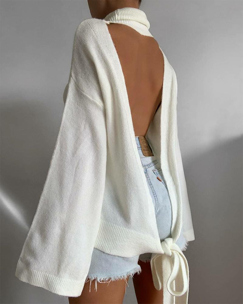 

Tied Detail Backless Drop Shoulder Sweater, Beige