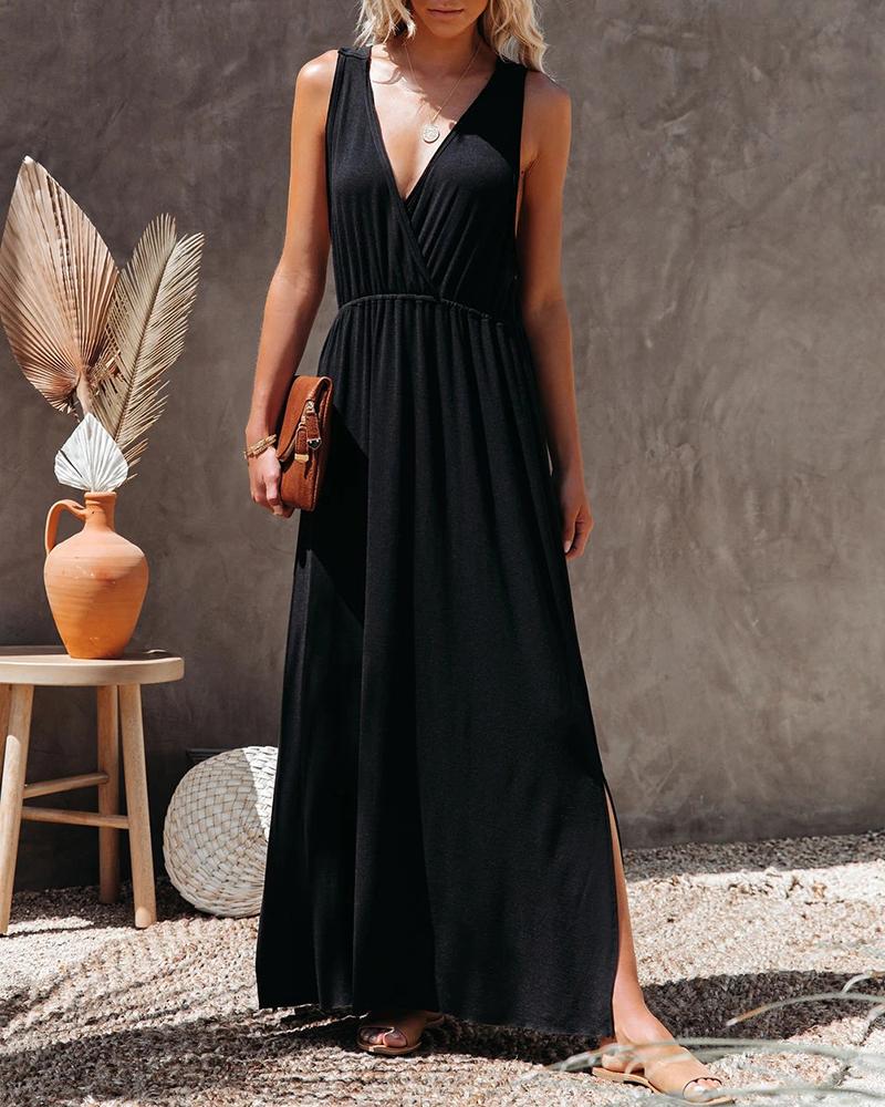 

V Neck Slit Ruched Sleeveless Maxi Dress, Black