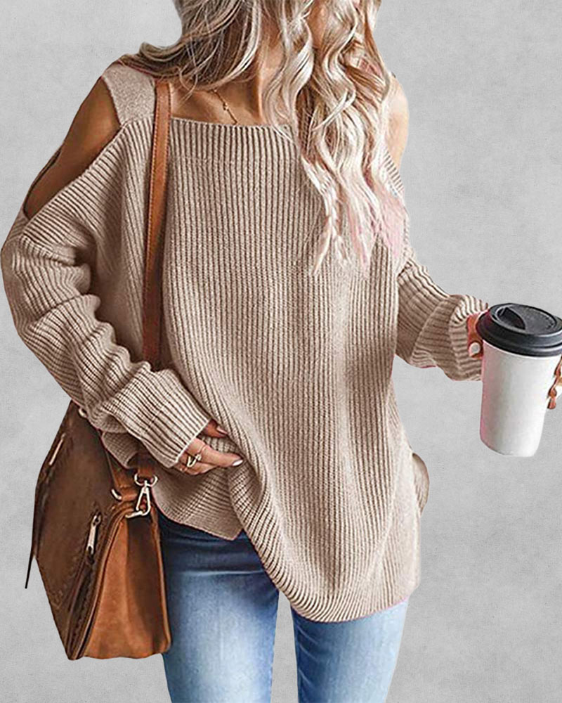 

Cold Shoulder Chunky Knit Sweater, Khaki