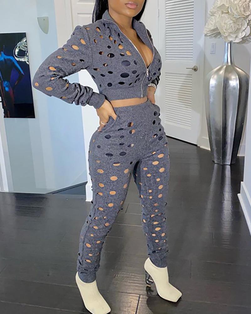 

Long Sleeve Zipper Design Hollow Out Top & Pants Set, Dark grey