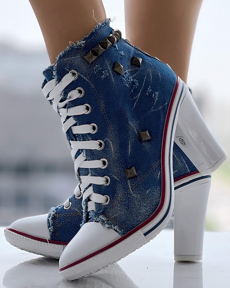 

Studded Lace-up Raw Hem Canvas Chunky, Blue