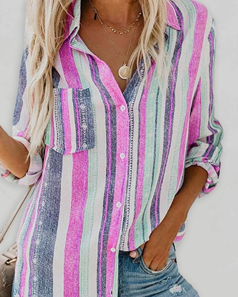 

Striped Print Colorblock Pocket Front Button Design Blouse, Pink