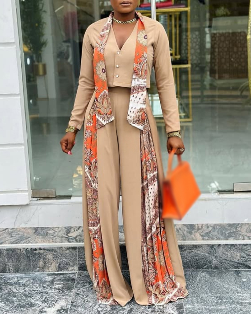 

Ensemble 2 pièces : haut court boutonné à col en V et pantalon large à imprimé floral décontracté avec écharpe, Khaki
