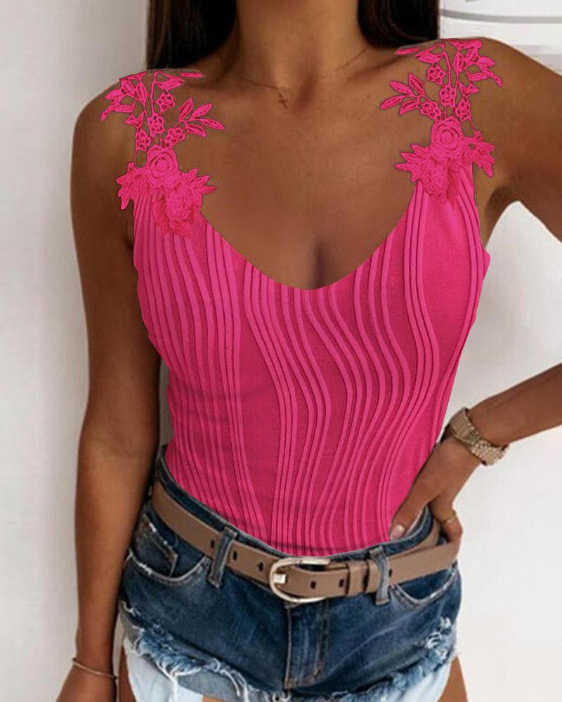 

Lace Patch Textured Tank Top, Hot pink