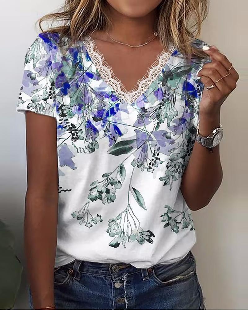 

Plants Print Lace Trim Casual T-shirt, Blue
