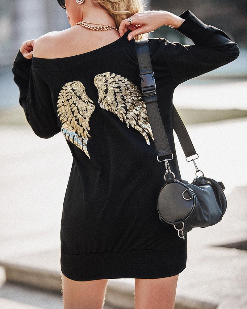 

Wings Pattern Sequins Long Sleeve Top, Black