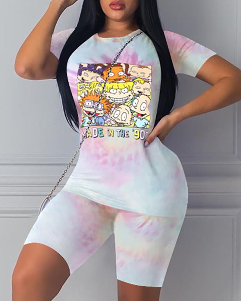 

Cartoon Tie Dye Print Round Neck Top & Shorts Set, White