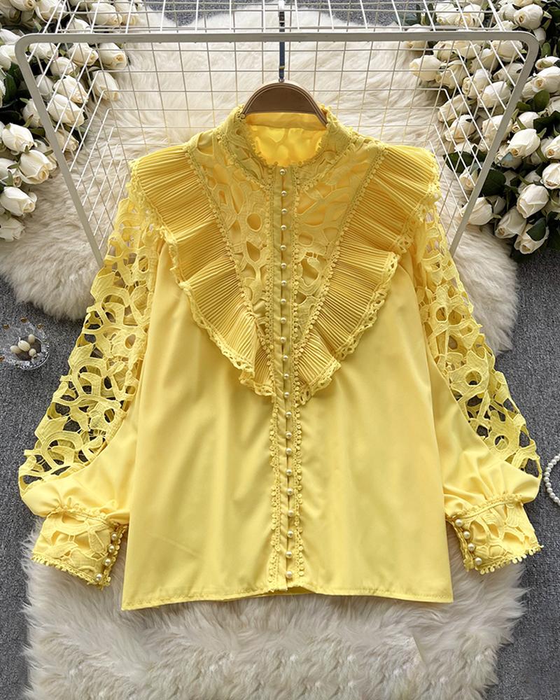 

Contrast Lace Hollow Out Ruffles Top, Yellow