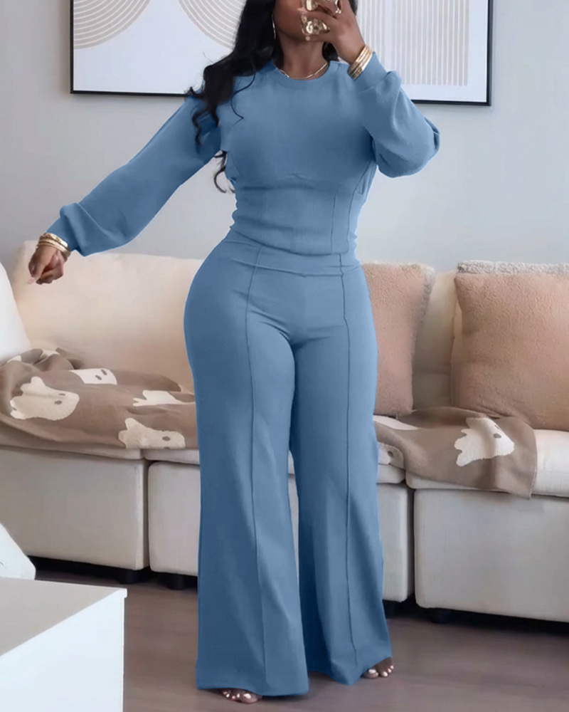 

Conjunto de 2 piezas de sudadera con cuello redondo, manga larga, cintura ceñida y pantalones anchos con cintura elástica, diseño de costura informal, Blue