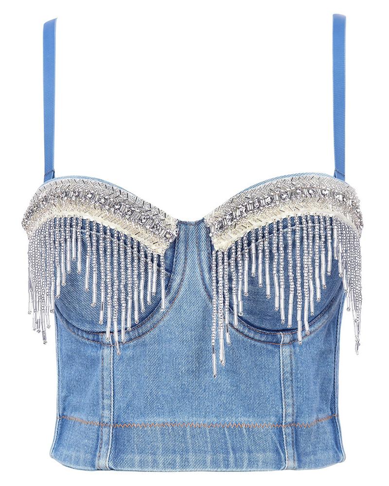 

Tassel Decor Denim Cami Top, Blue