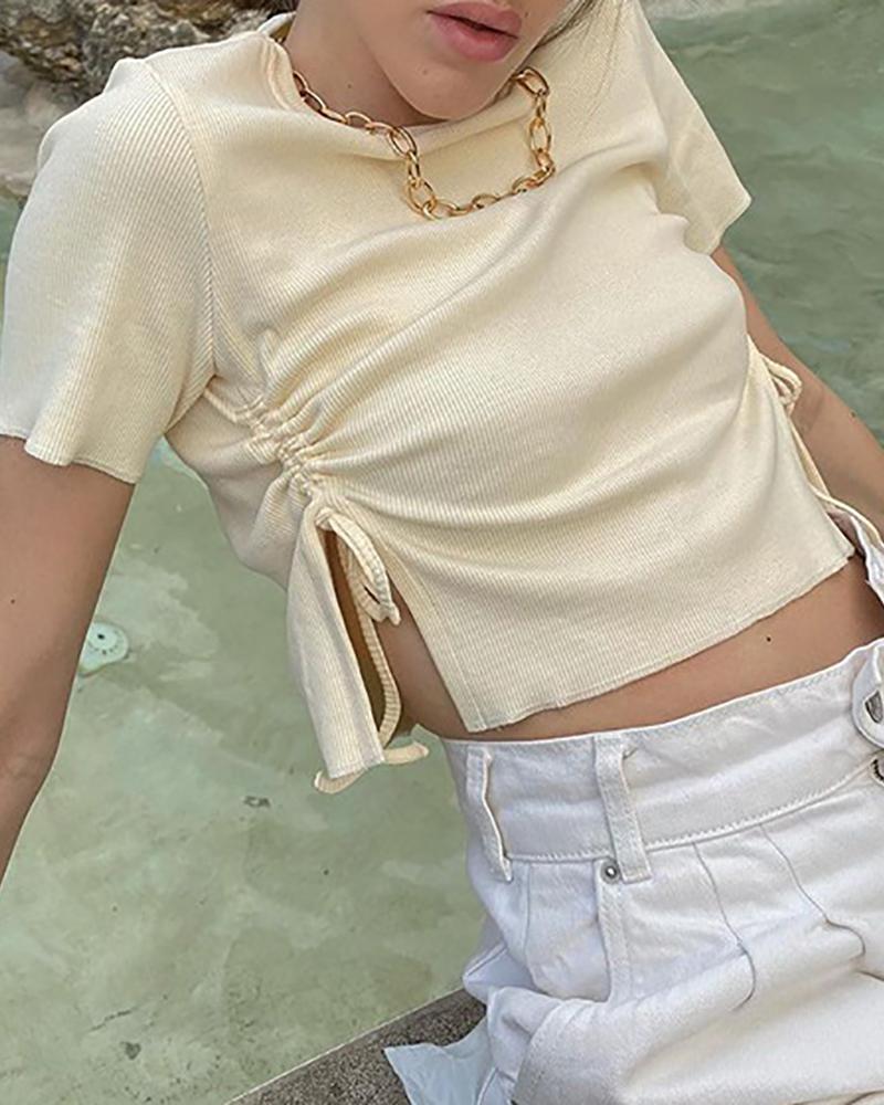 

Drawstring Ruched Slit Crop T-Shirt, White