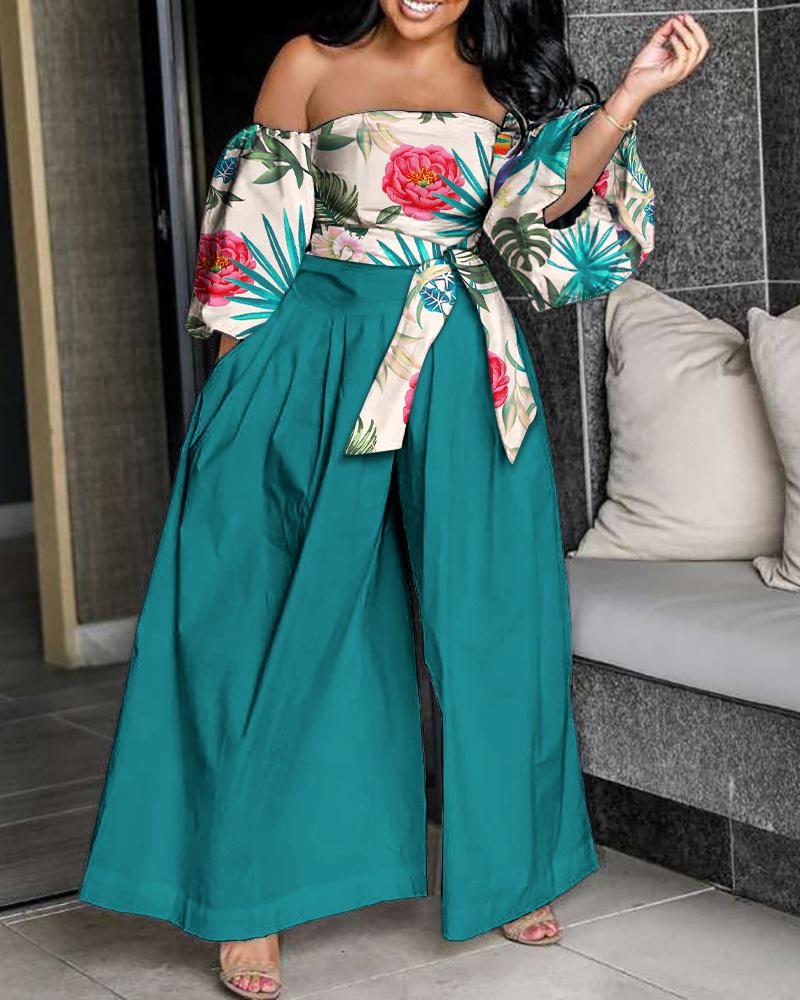 

Off Shoulder Lantern Sleeve Jumpsuit, Multicolor