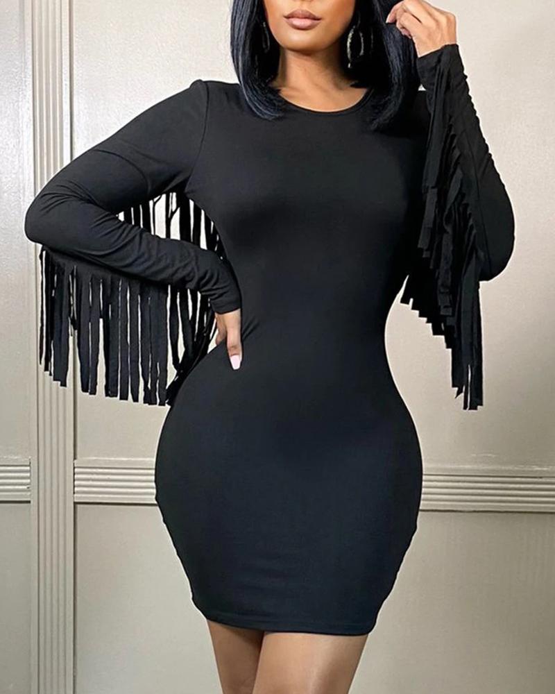 

Tassel Design Long Sleeve Bodycon Dress, Black