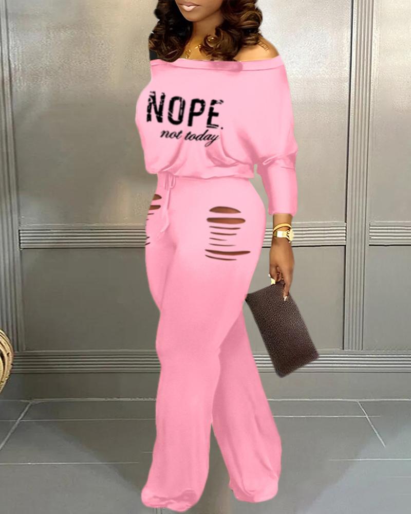 

Plus Size Nope Not Today Print Top & Ladder Cutout Pants Set, Pink