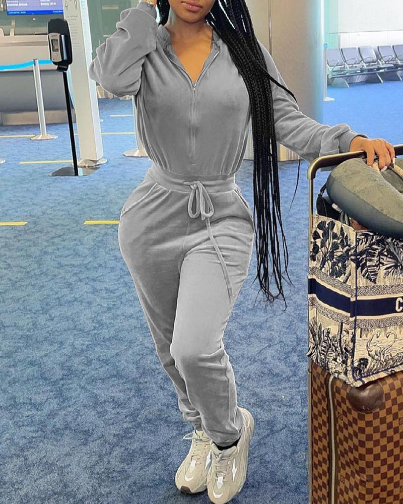 

Zipper Design Drawstring Long Sleeve Jumpsuit, Gray