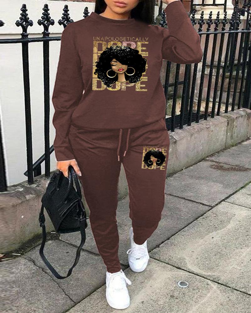 

Plus Size Figure Letter Print Casual Top & Pants Set, Coffee