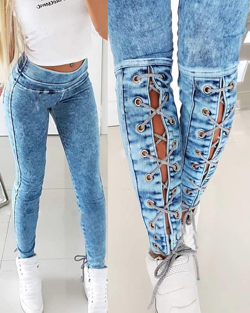 

Eyelet Lace-up Skinny Jeans, Blue