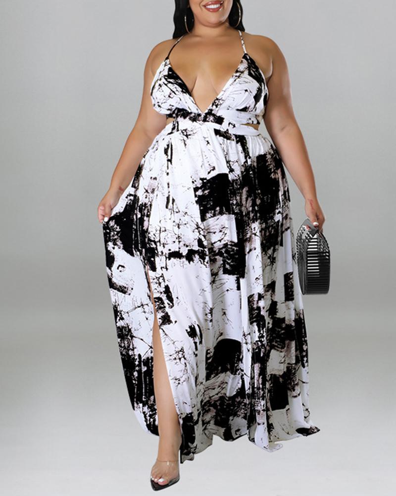 

Plus Size Abstract Print Crisscross Backless Slit Maxi Dress, White