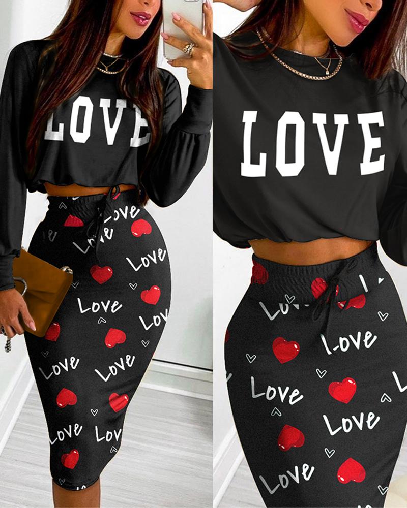 

Letter Heart Print Crop Top & Drawstring Skirt Set, Black