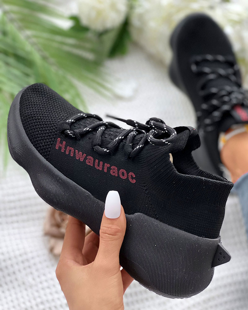 

Letter Pattern Lace-up Muffin Sneakers, Black