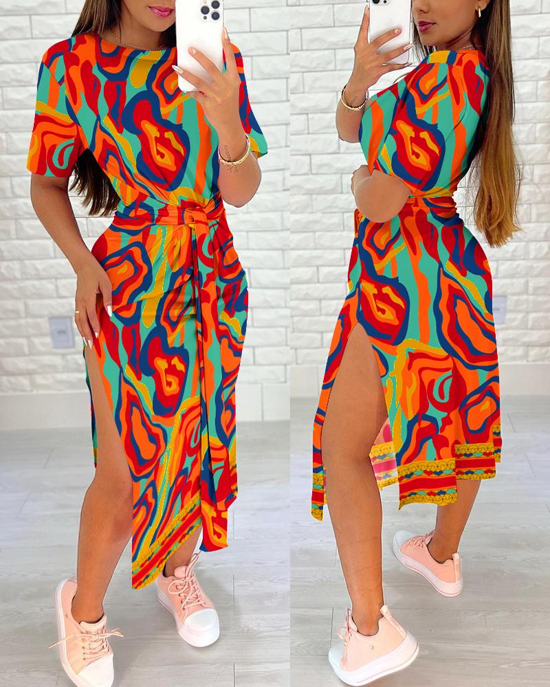 

Multi-Color Abstract Print Tied Detail Slit Casual Dress, Orange