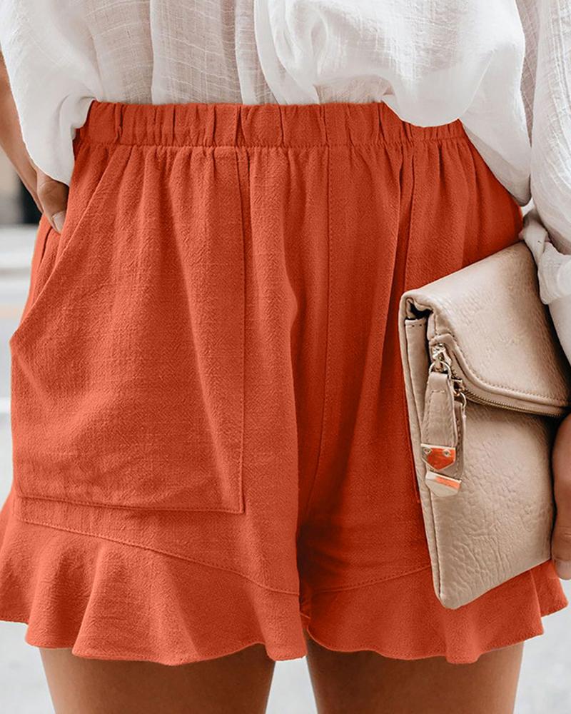 

Pocket Detail Ruffle Hem Shorts, Orange