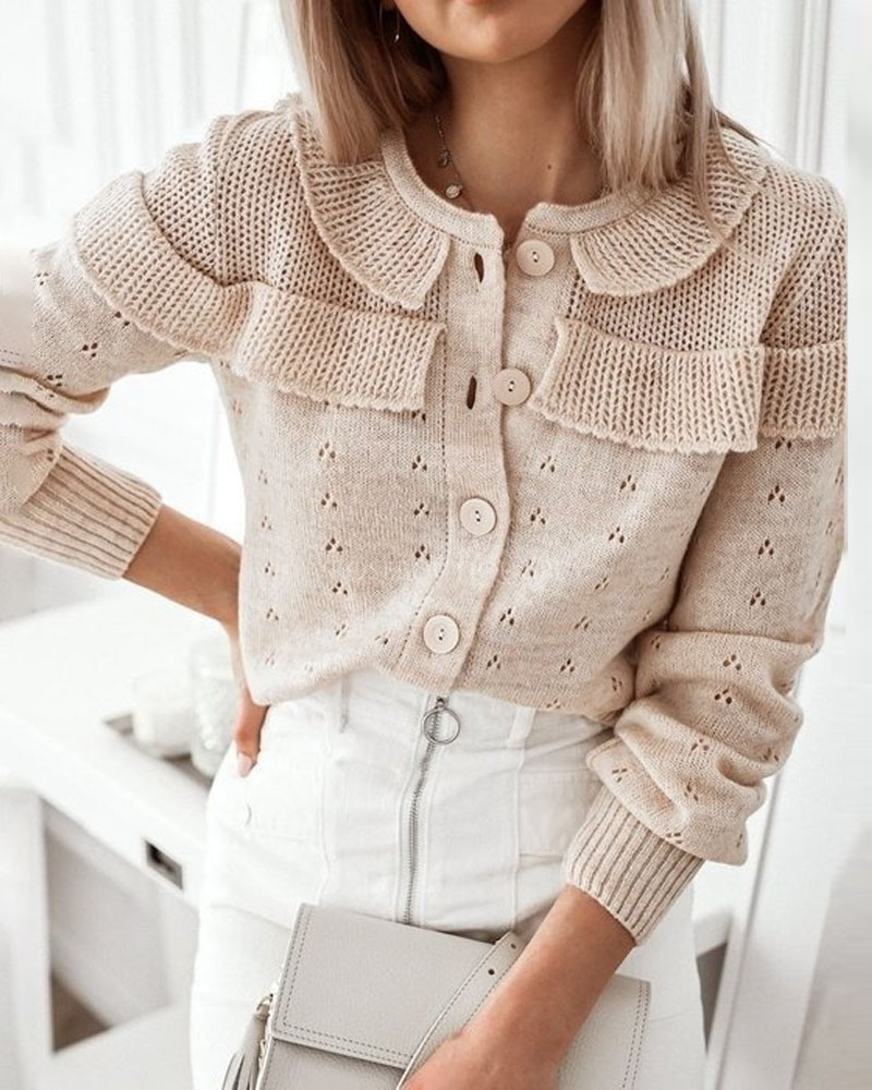 

Long Sleeve Frill Hem Button Down Cardigan, Apricot