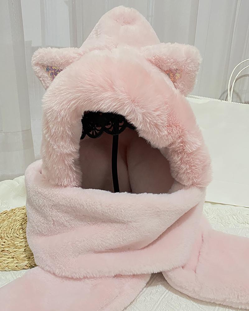 

3 In 1 3D Ear Fluffy Hat With Scarf & Gloves, Pink